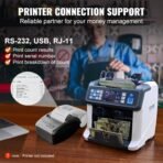VEVOR Geldzählmaschine, Banknotenzähler mit Gemischten Nennwerten, 2CIS, SN, UV, IR, MG, DD Falschgelderkennung, Mehrere Währungen, Wertzähl- und Sortiergerät, Drucker Aktiviert
