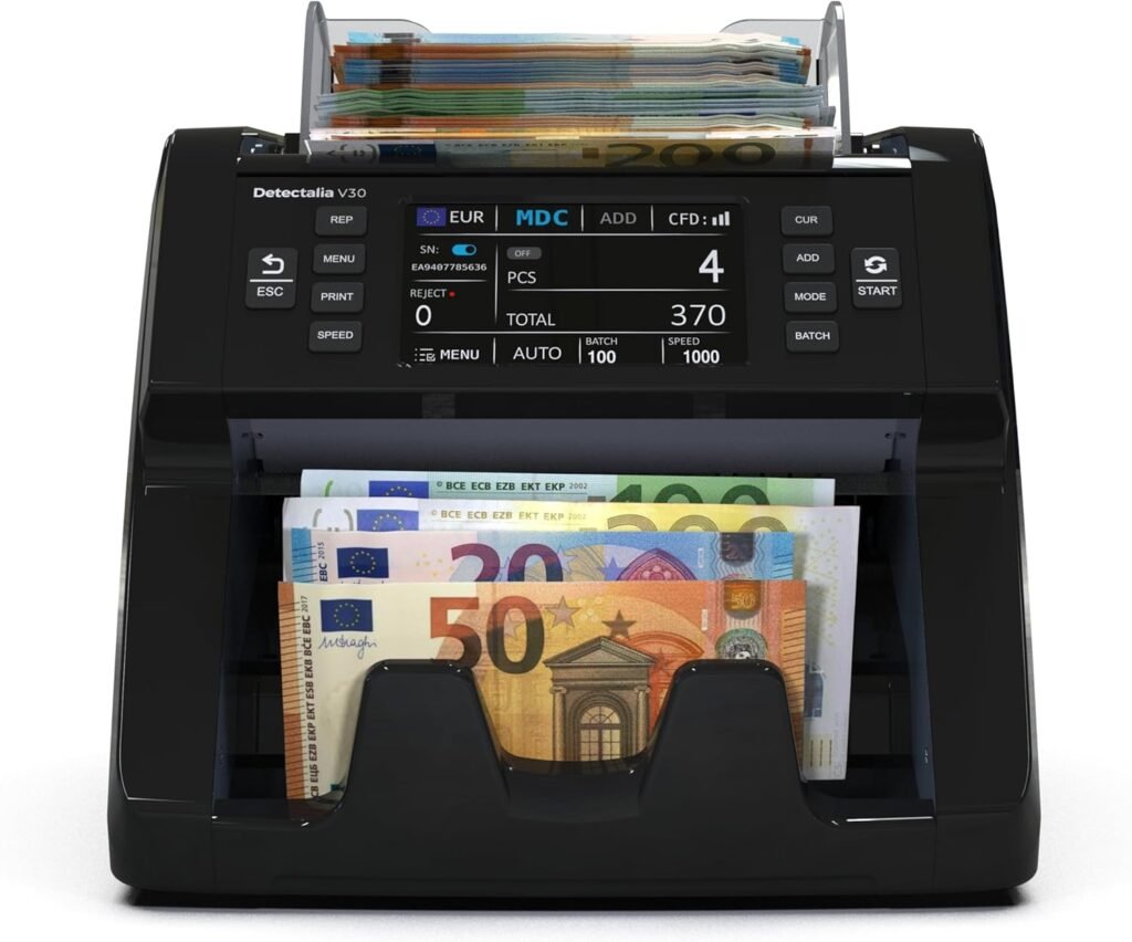 Detectalia V30 Banknotenzähler & Falschgelddetektor mit Dual CIS, 4,5” Touchscreen + Externes Display, Seriennummern-Lesung, Multiwährungs-Mischzählung, 1200 Scheine/Minute, USB