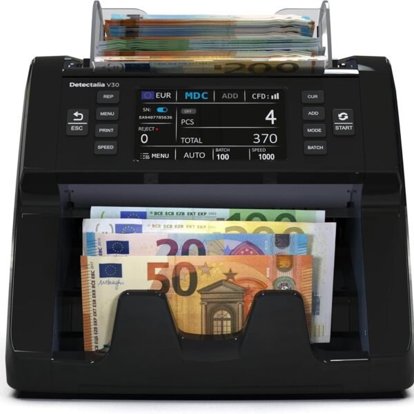 Detectalia V30 Banknotenzähler & Falschgelddetektor mit Dual CIS, 4,5” Touchscreen + Externes Display, Seriennummern-Lesung, Multiwährungs-Mischzählung, 1200 Scheine/Minute, USB