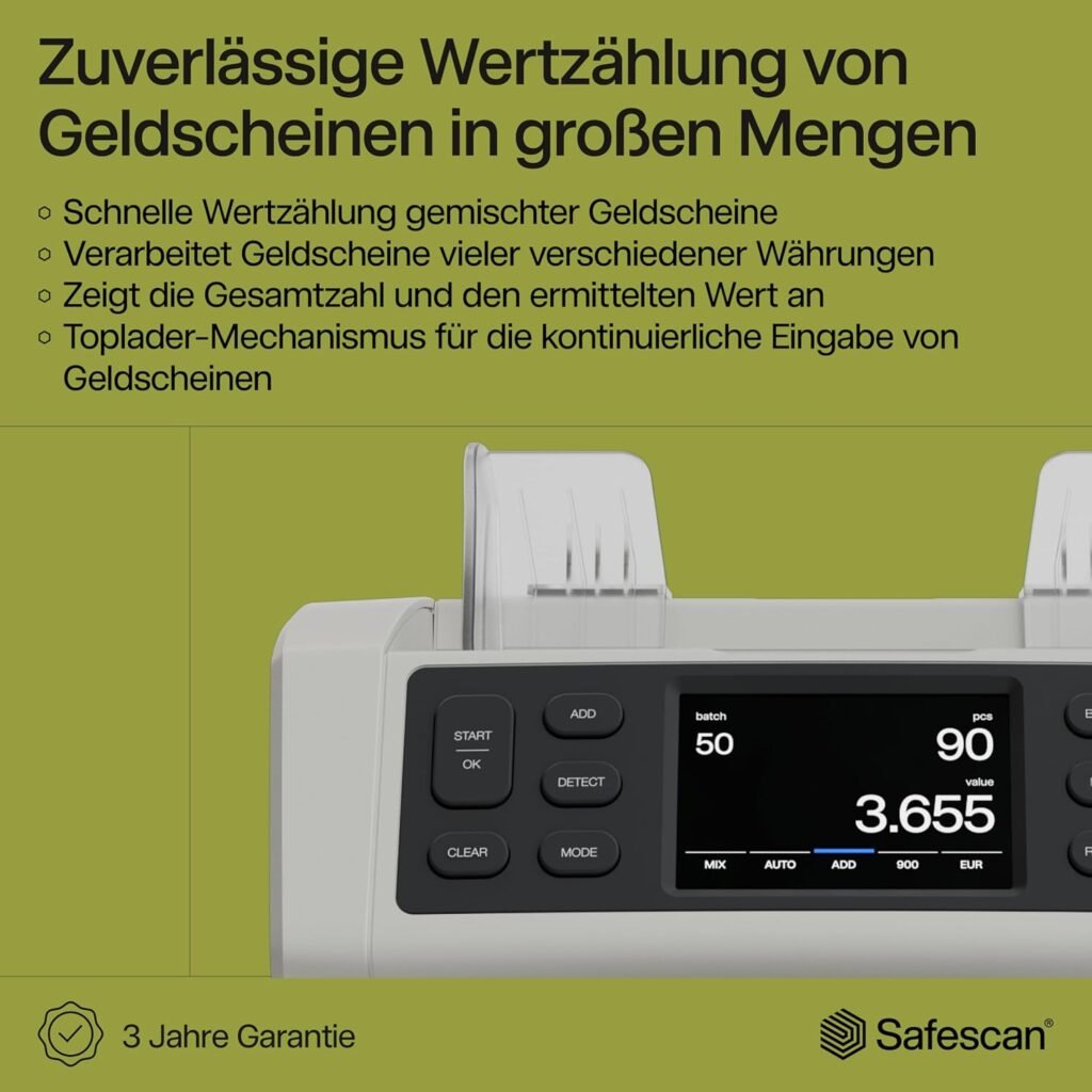 Safescan 2865-S Geldzählmaschine, Wertzählung für gemischte Banknoten - Banknotenzähler mit 7-facher Echtheitsprüfung - Geldzählmaschine mit mehrsprachiger Benutzeroberfläche