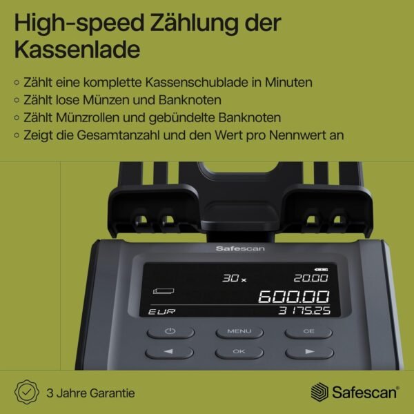Safescan 6165 Geldzählmaschine, Wertzählung für Münzen und Banknoten - Münzzähler mit automatischer Münzrollenerkennung - Geldwaage für schnelles und einfaches Zählen von Kassenladen