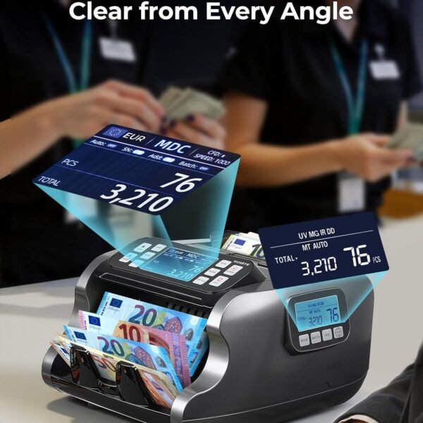 MUNBYN IMC22 Geldzählmaschine für gemischte Stückelungen, Dual-Display, CIS/UV/IR/MG Falschgelderkennung Geldscheinzähler für USD,EUR,GBP,MXN,CAD Ideal für Unternehmen, 2 Jahre Schutz Schwarz