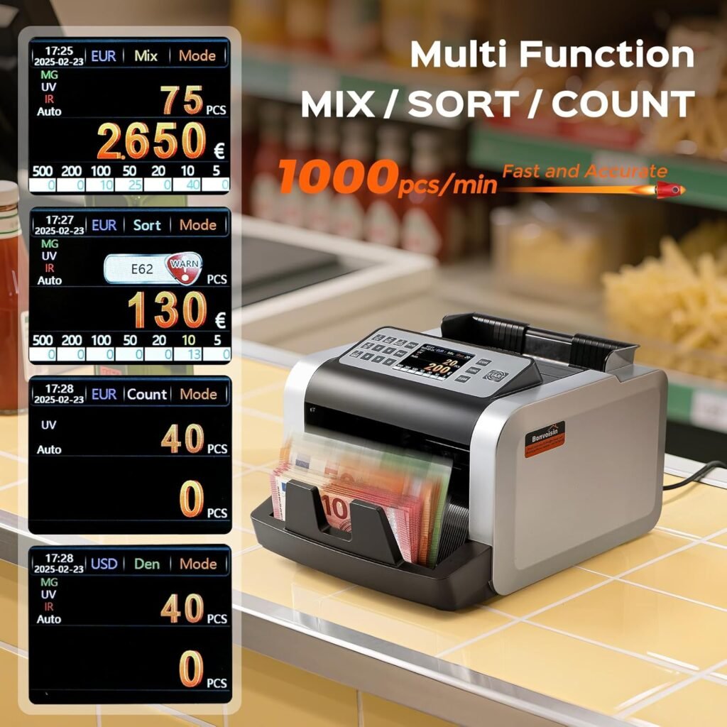 Bonvoisin Geldzählmaschine Scheine, Wertzählung für gemischte EUR-Banknoten mit UV/MG/IR-Falschgelderkennung, 1000 Stück/min, Professionell Banknotenzähler mit externem Display