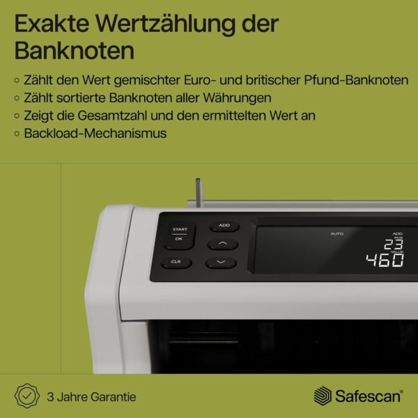 Safescan 2265 Geldzählmaschine, Wertzählung für gemischte EUR- und GBP-Banknoten - Banknotenzähler mit 5-facher Echtheitsprüfung - zählt sortierte Banknoten aller Währungen