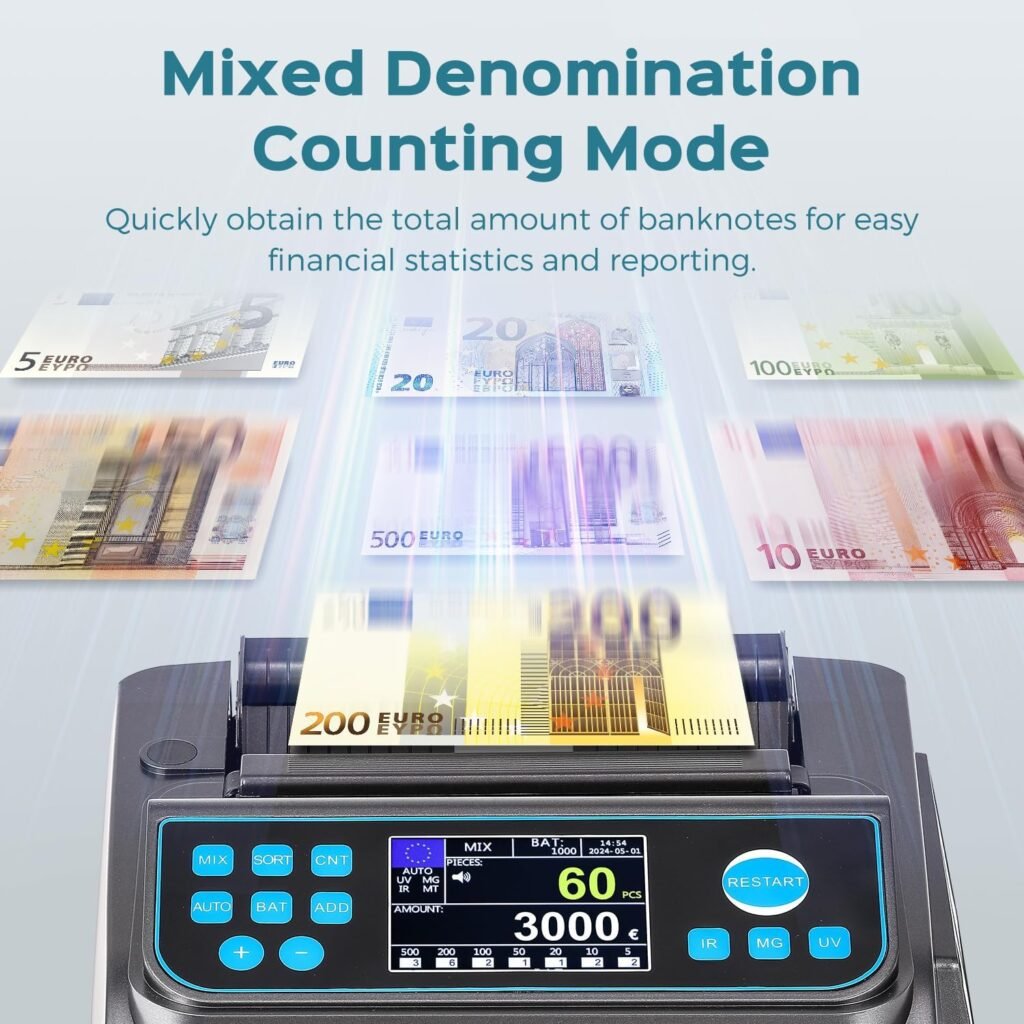 Bonvoisin Geldzählmaschine, Wertzählung, Euro UV/MG/IR/MT/DD Falschgelderkennung, Nennwertsortierung und Mischzählung, Additions- und Batch-Modus, 3 Displays, für Unternehmen, 1000 Scheine/Min (EU)