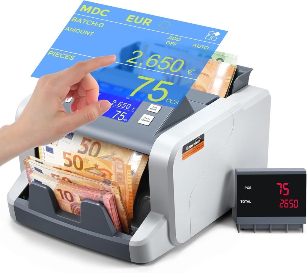 Bonvoisin Professioneller Geldzählmaschine, Zählen gemischter Stückelungen für 5 Währungen, Geldzähler mit 1CIS/UV/IR/MG-Fälschungserkennung, Touchscreen-Banknotenzähler, 1500 Banknoten/Minute