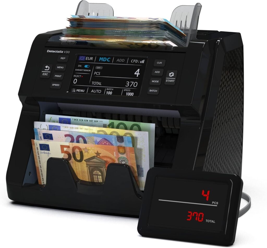 Detectalia V30 Banknotenzähler & Falschgelddetektor mit Dual CIS, 4,5” Touchscreen + Externes Display, Seriennummern-Lesung, Multiwährungs-Mischzählung, 1200 Scheine/Minute, USB