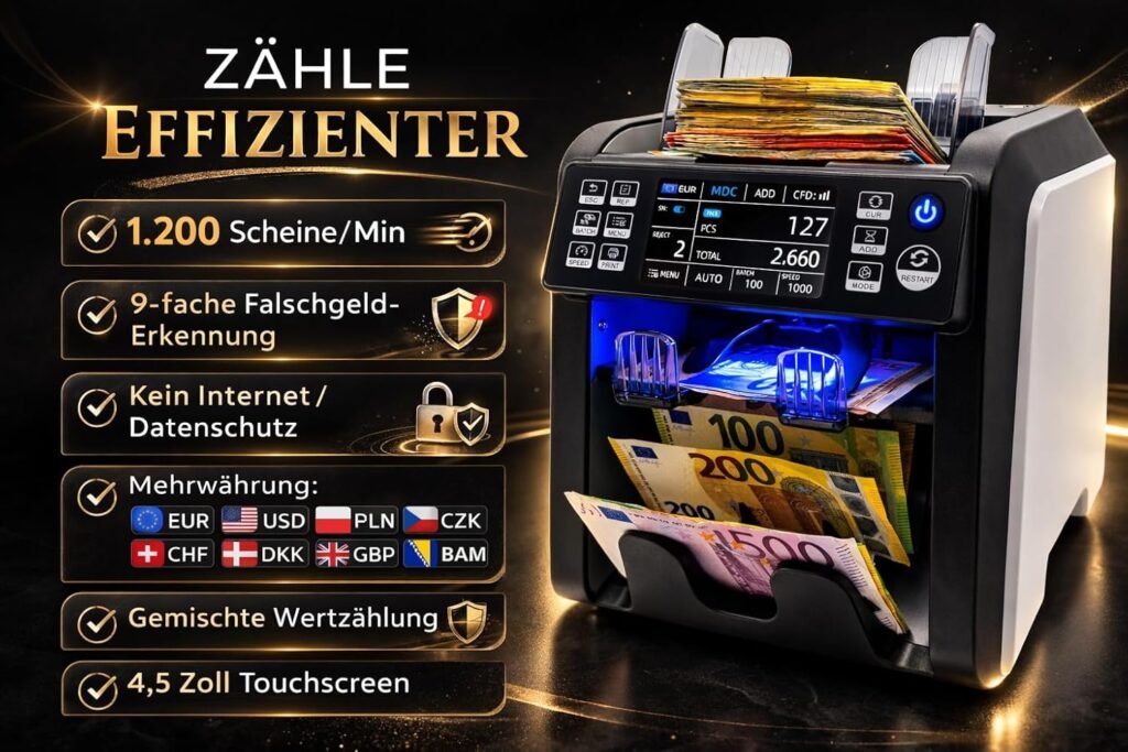 BEITZ BS-950A | NEUHEIT 2025 | Geldzählmaschine mit 2-Taschen-System | EZB-getestet | Wertzähler & Falschgeldprüfer (9-fach) | Banknotenzähler mit 2CIS-Technologie | Touch-Display | Updatefähig