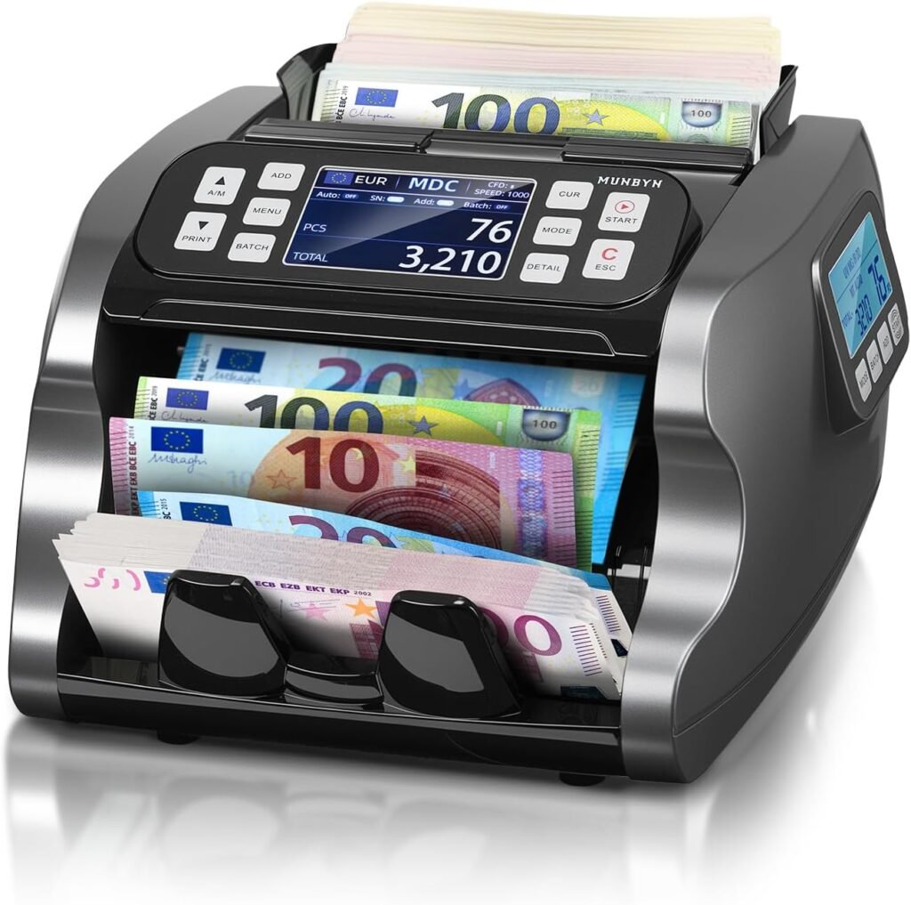 MUNBYN IMC22 Geldzählmaschine für gemischte Stückelungen, Dual-Display, CIS/UV/IR/MG Falschgelderkennung Geldscheinzähler für USD,EUR,GBP,MXN,CAD Ideal für Unternehmen, 2 Jahre Schutz Schwarz