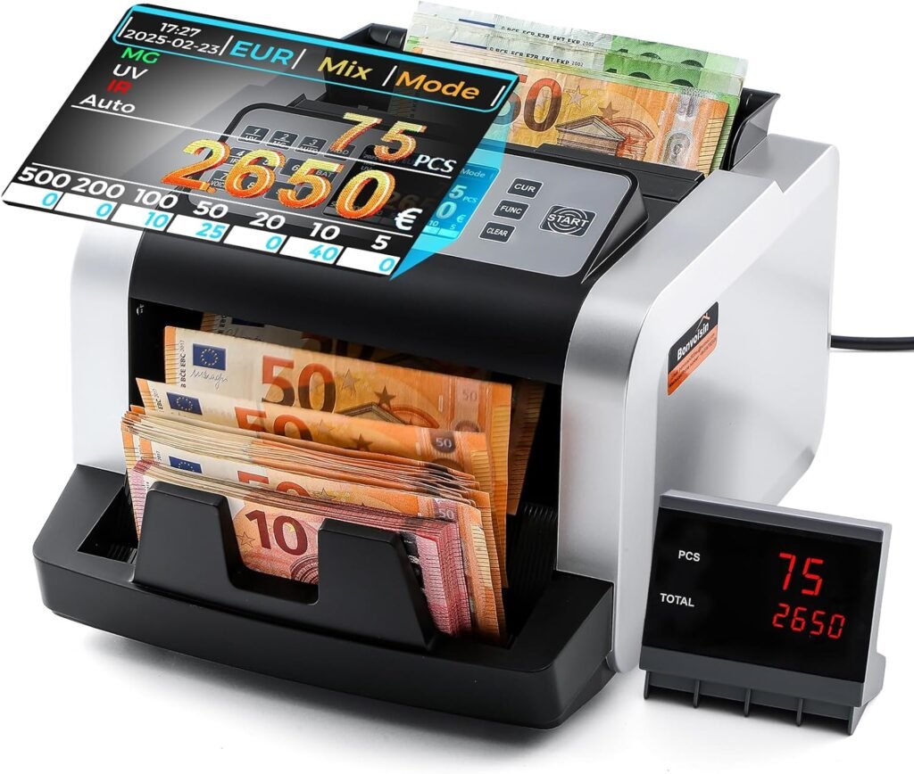 Bonvoisin Geldzählmaschine Scheine, Wertzählung für gemischte EUR-Banknoten mit UV/MG/IR-Falschgelderkennung, 1000 Stück/min, Professionell Banknotenzähler mit externem Display