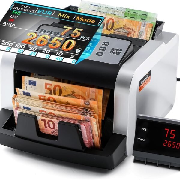 Bonvoisin Geldzählmaschine Scheine, Wertzählung für gemischte EUR-Banknoten mit UV/MG/IR-Falschgelderkennung, 1000 Stück/min, Professionell Banknotenzähler mit externem Display