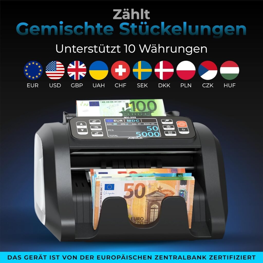 MV-300 Geldzählmaschine für gemischte Geldscheine | UV/MG/MT/IR/DD usw. | Sicher | Exakt | EUR USD GBP | Banknotenzähler | Geldzähler | Banknotenzählmaschine | Geldscheinzähler