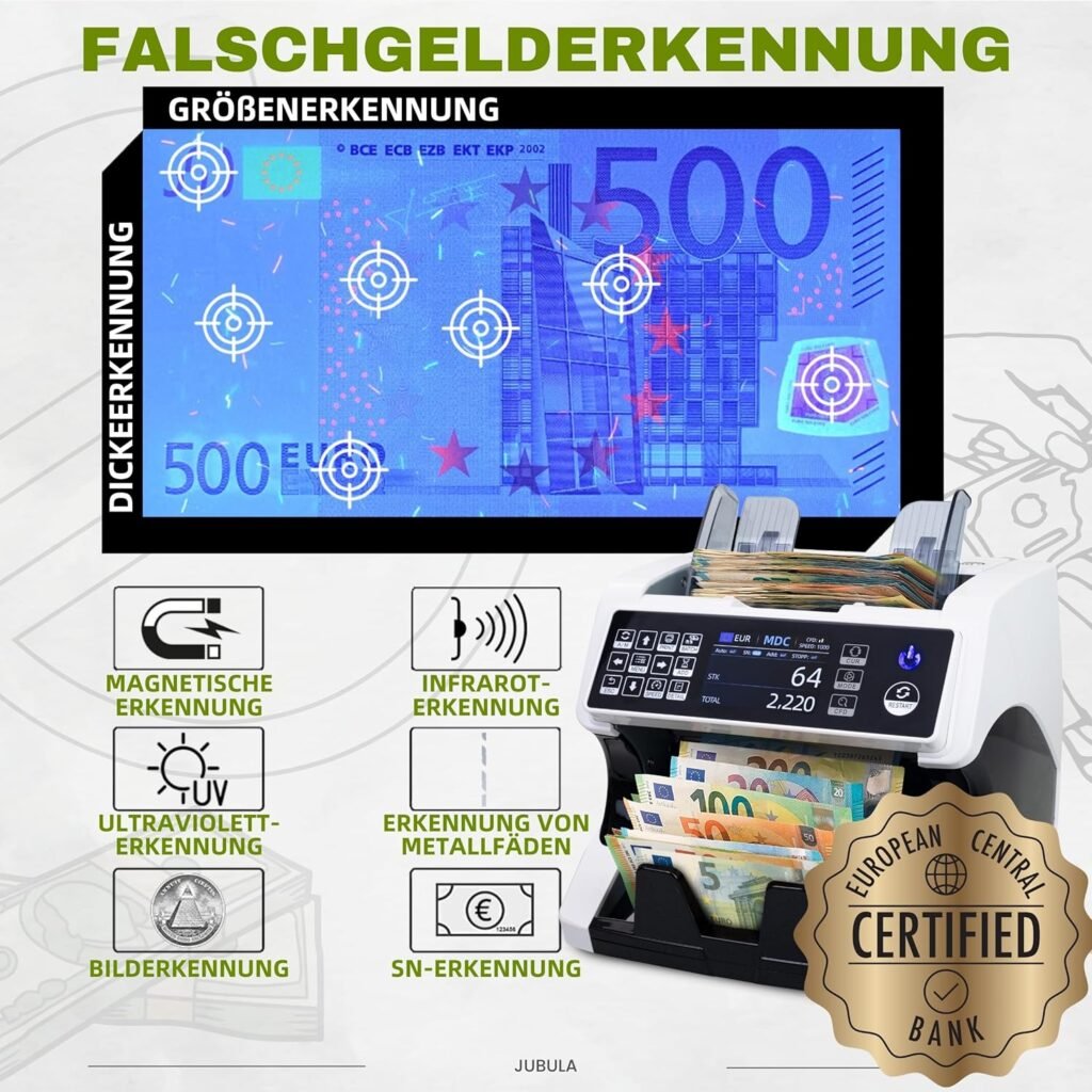MV-500 Geldzählmaschine für gemischte Geldscheine & Falschgelddetektor | UV/MG/IR/DD/ 2CIS usw.| Exakt | EUR USD GBP SEK CHF usw. | Banknotenzähler | Geldzähler | Banknotenzählmaschine