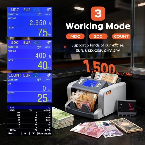Bonvoisin Professioneller Geldzählmaschine, Zählen gemischter Stückelungen für 5 Währungen, Geldzähler mit 1CIS/UV/IR/MG-Fälschungserkennung, Touchscreen-Banknotenzähler, 1500 Banknoten/Minute